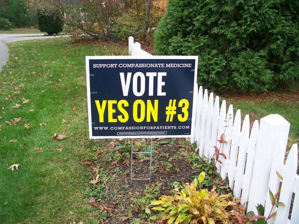Yard sign saying Vote Yes on #3 circa 2012.